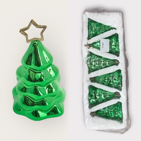 Vintage NEW 6 Ceramic Christmas Tree Place Card Holders Metallic Green - Picture 1 of 5